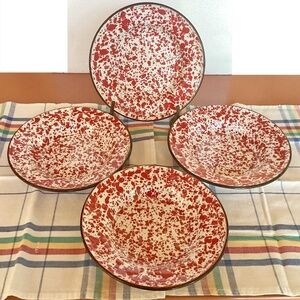 Enamelware 4 Soup/Salad Bowls Red Splatter 8" EUC